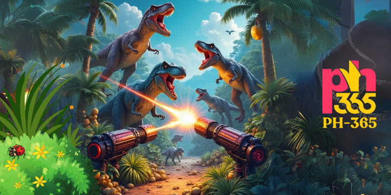 A vibrant, action-packed prehistoric jungle filled with realistic dinosaurs like T-Rex and Pterodactyls. In the foreground, futuristic cannons shoot glowing projectiles at the creatures. Casino dinosaur tycoon elements like golden coins, jackpot symbols, and glowing energy bars float in the air